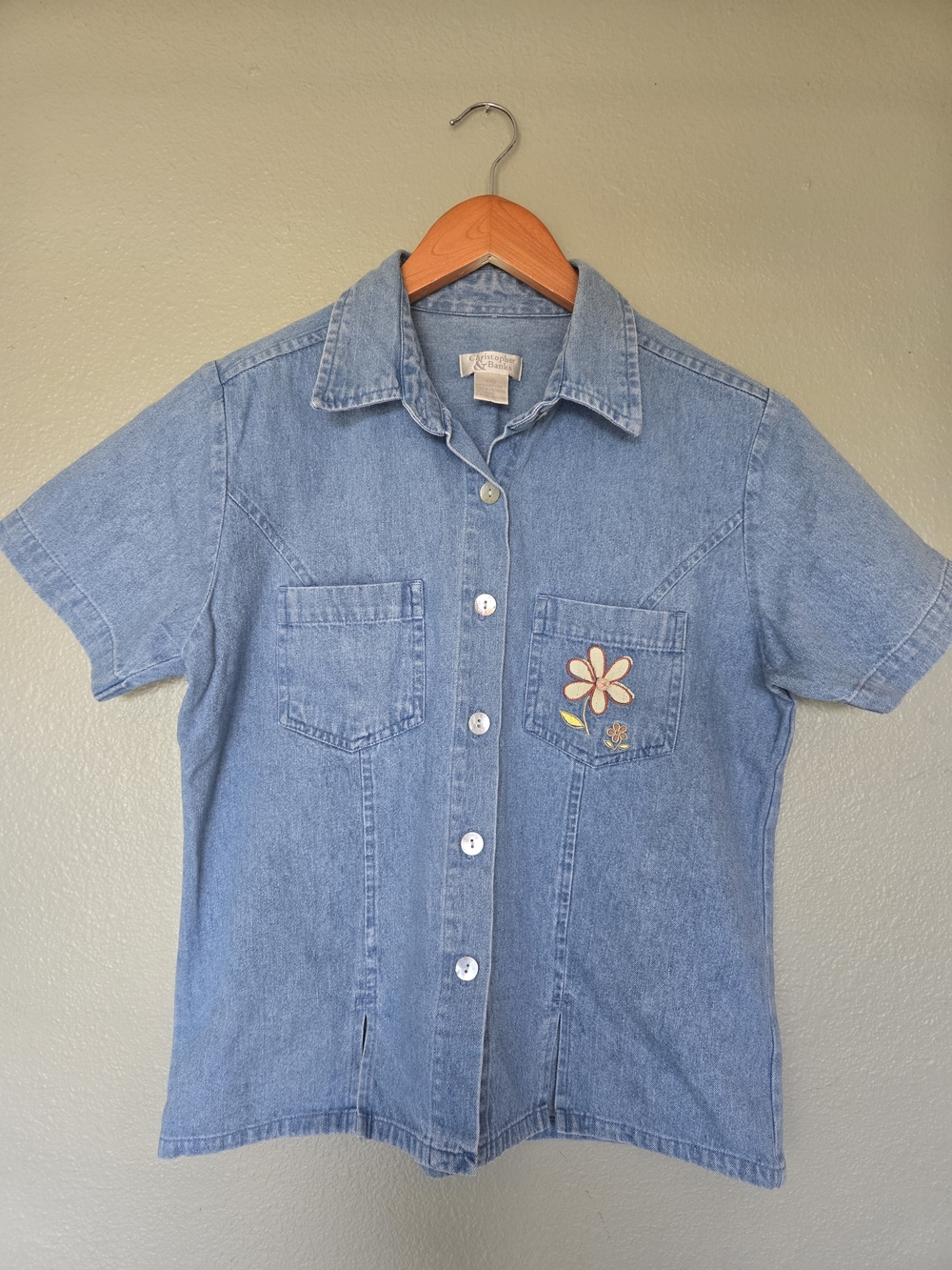 Christopher & Banks Denim Shirt With Flower Details, 90's Mom, Cotton, Whimsy